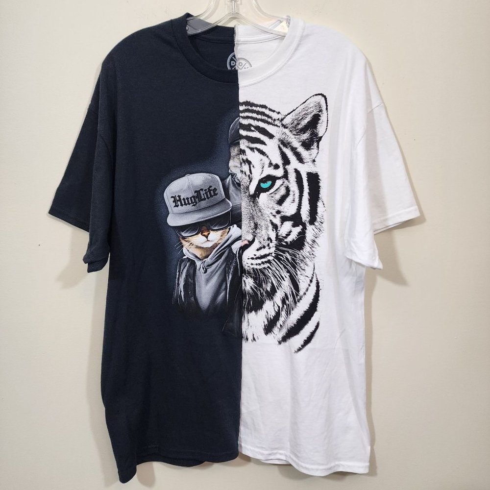 Upcycled NWOT tiger / hug life cat half and half graphic t-shirt men's‎ size XL